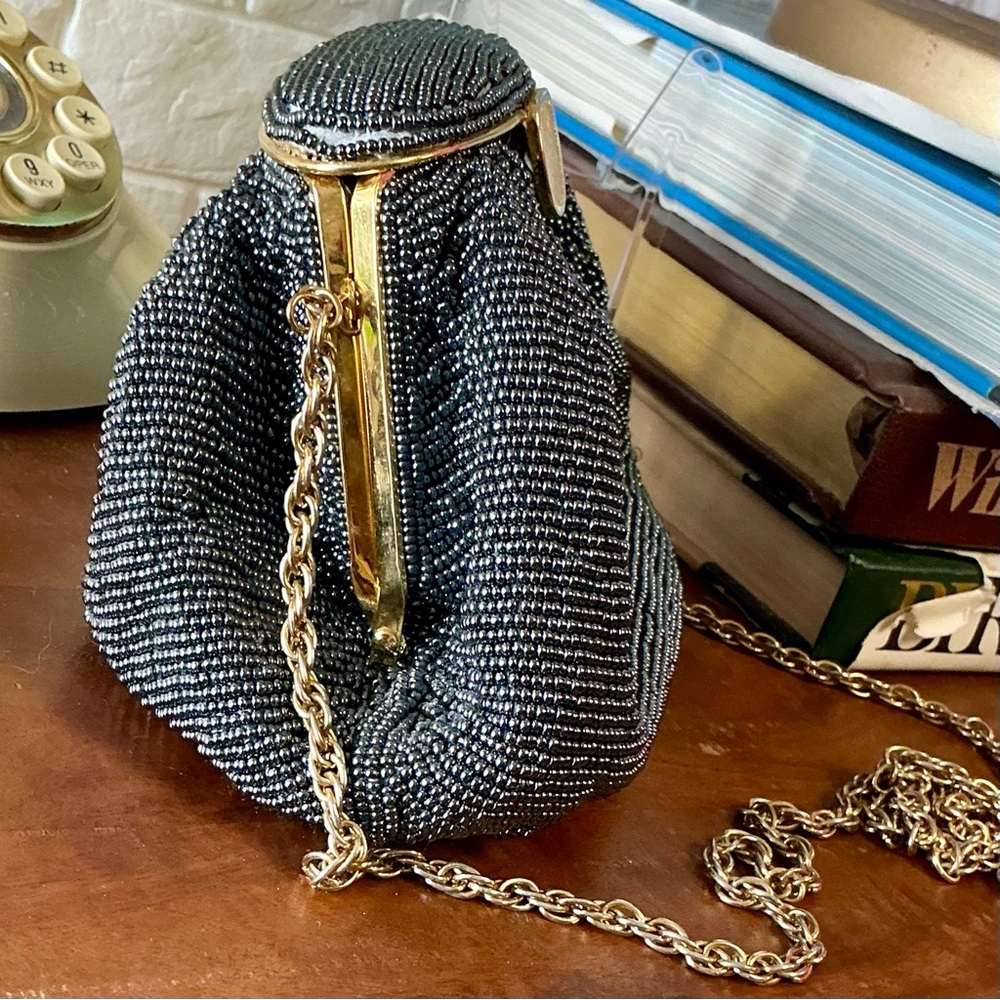 Vintage Nina Ricci Paris Pewter Beaded Evening Bag Gold-Tone Metal Clasp Frame - Picture 7 of 13